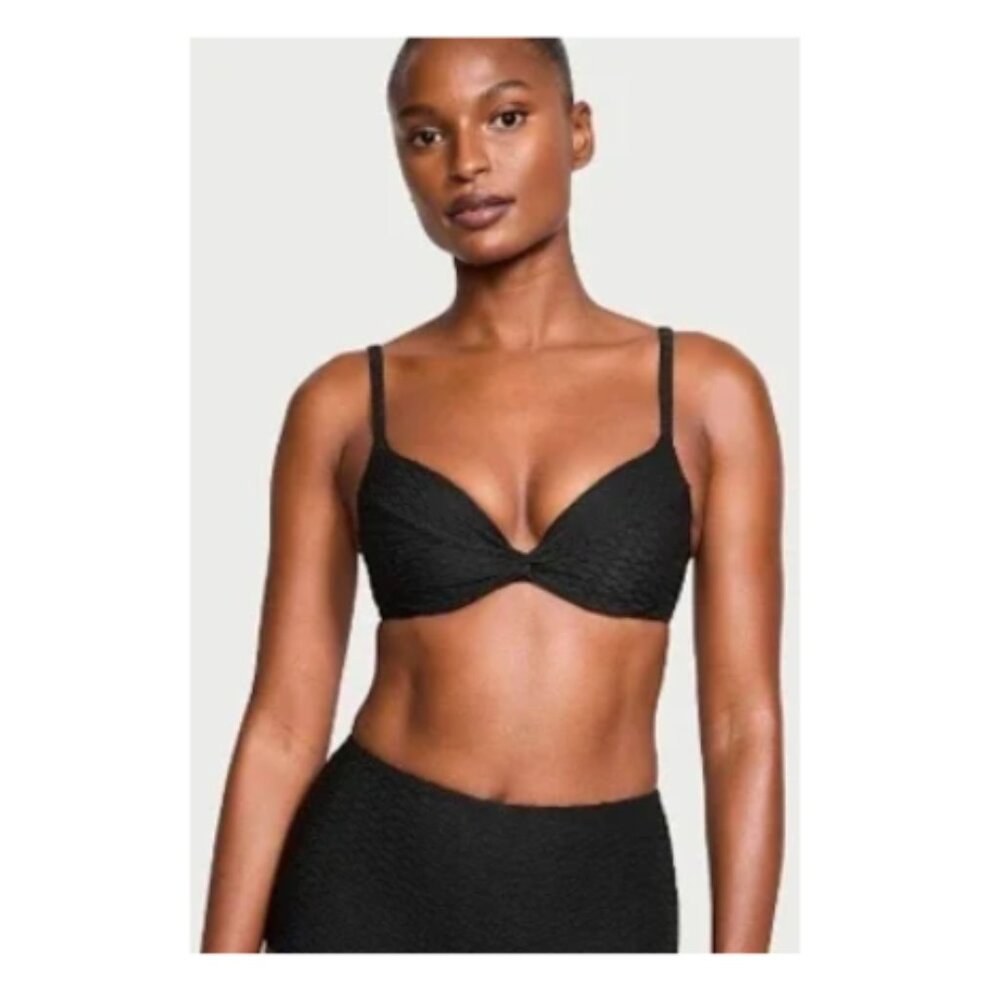 Victoria's Secret Removable Push Up Pad Textured Swim Top 34B Black NWT